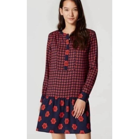 Ann Taylor Loft Floral Drop Hem Dress Size 14 Long Sleeve Navy Red Preppy - Picture 1 of 9